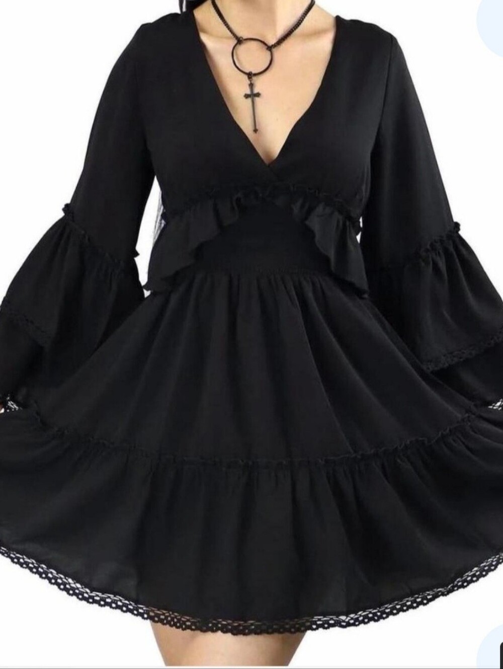 Black Ruffled Deep V NECK Flowy Mini Dress - Picture 6 of 7